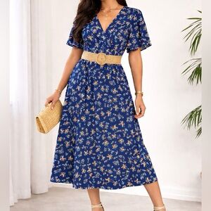 Navy Floral Wrap Midi Dress Flutter Sleeve Spring Easter Church Brunch M